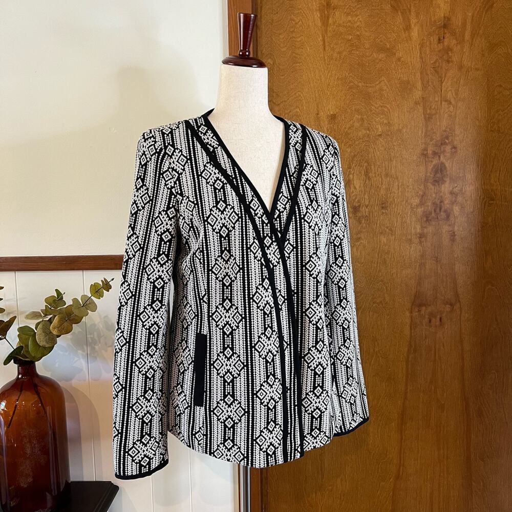 Nine West Geometric Open Front Blazer Jacket Black White Career Women Size 6